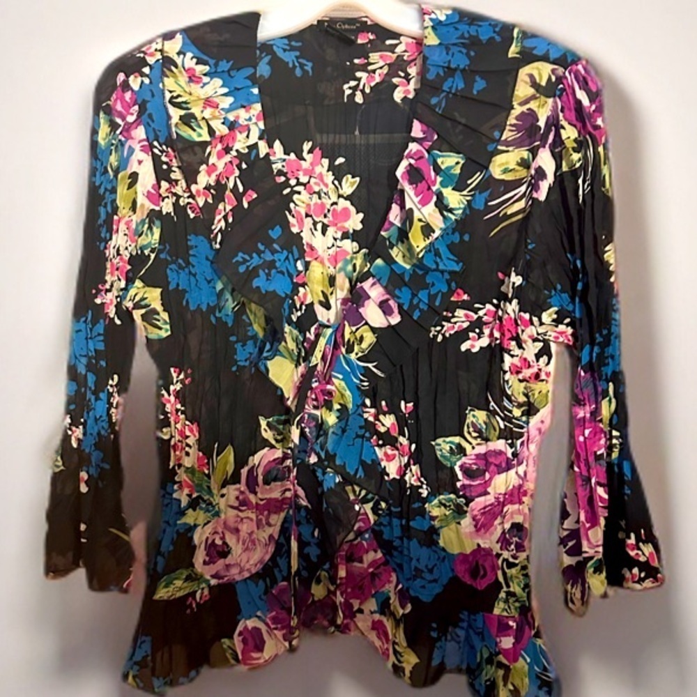 Nue Options Women’s Pleated Print 3/4 Sleeve Open Front Dress Casual Top Size M